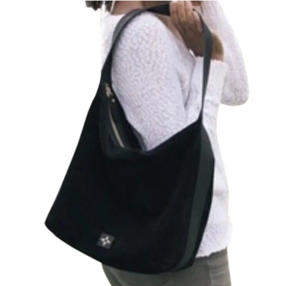 India Hicks Black Suede & Leather Hobo Style Handbag 